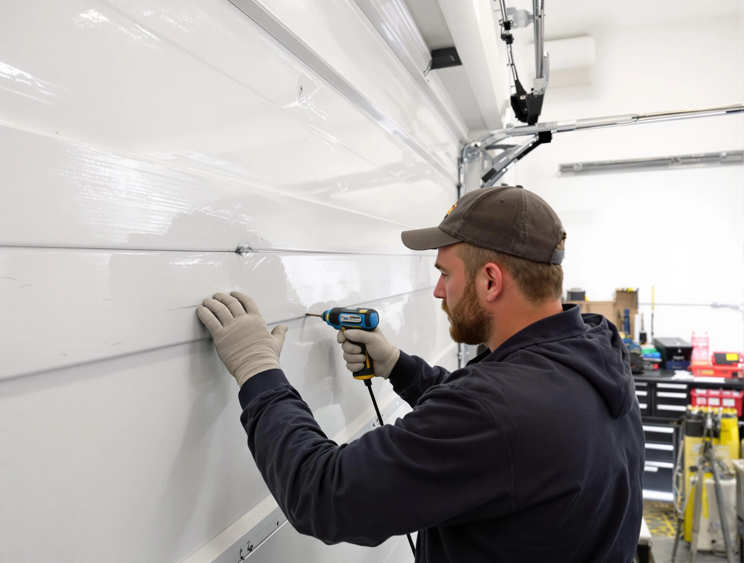 Kimberly Garage Door Repair technician demonstrating precision dent removal techniques on a Kimberly garage door